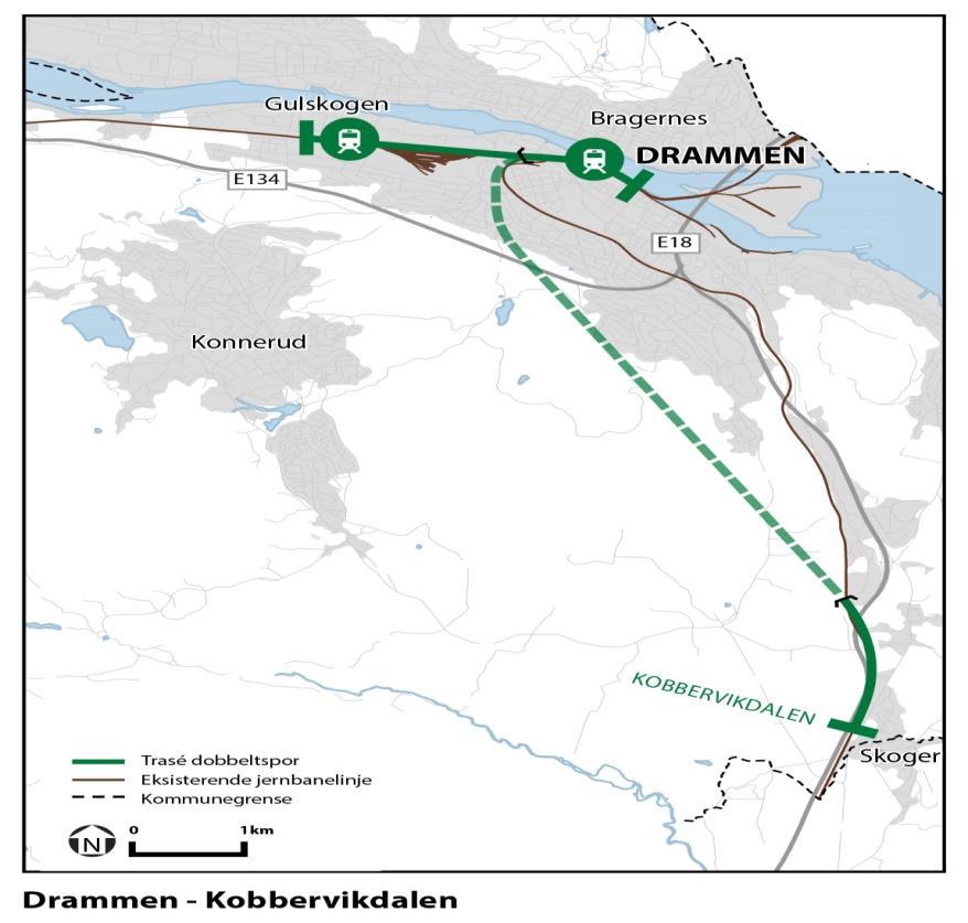 Drammen-Kobbervikdalen (continues) Double track between Drammen station and Gulskogen station.