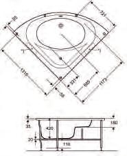 Badekar Porgrund Seven D 1400 Hjørnebadekar Hjørnebadekar i akryl, komplett med ramme og frontpanel. Mål: 1400x1400x625 mm. Høydejusterbart stativ (+ 45 mm). Vannforbruk: 230 liter.