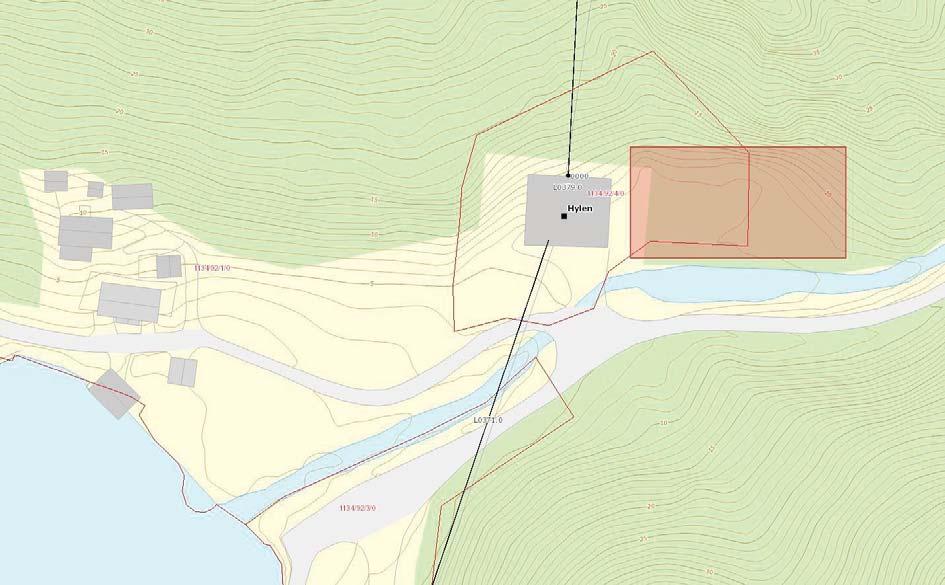 Figur 22. Aktuelt område for nytt 420 kv-anlegg i Hylen (rødt rektangel). Anlegget plasseres på beitemark på østsiden av eksisterende anlegg.