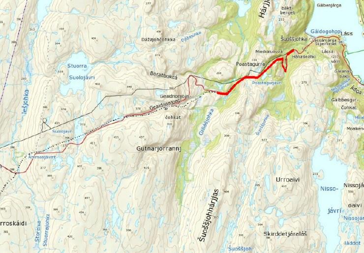 Kart 7. Løypestrekning (6D) som foreslås fjernet. Løype 7 (Ifjordfjellet) Dagens trasé går hovedsakelig langs hovedveien fra Šuoššjohka til Storelva.
