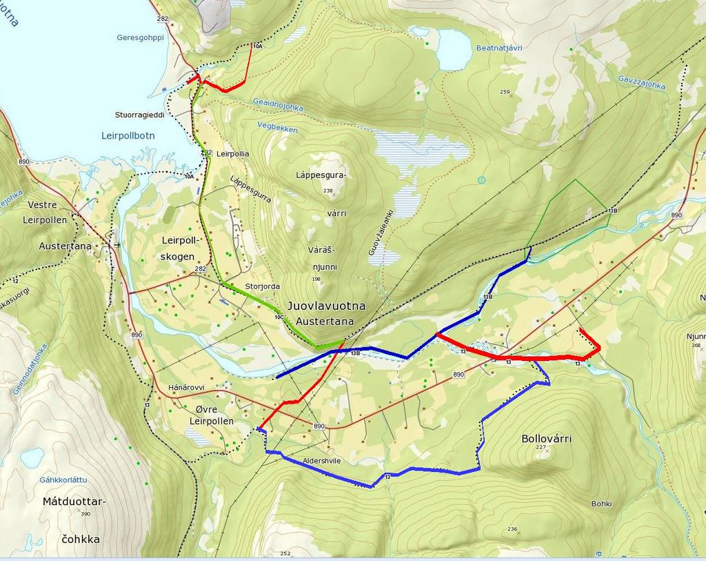 Kart 13. Rådmannens forslag til revidert løypenett i Austertana. Striplet linje viser eksisterende og godkjent løypenett. Rødt linje er forslag til ny løypestrekning.