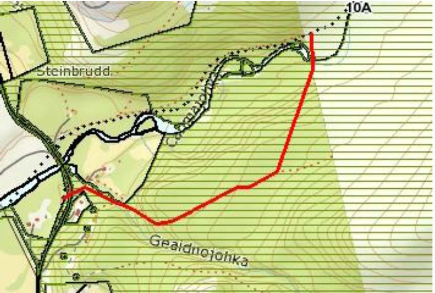 Forslag til strekning som utgår (ca. 4,2 km). Løype 10A (Austertana- Ridovei bru) Ved løypestarten ved Čammajohka er det trukket tilbake en grunneiertillatelse.
