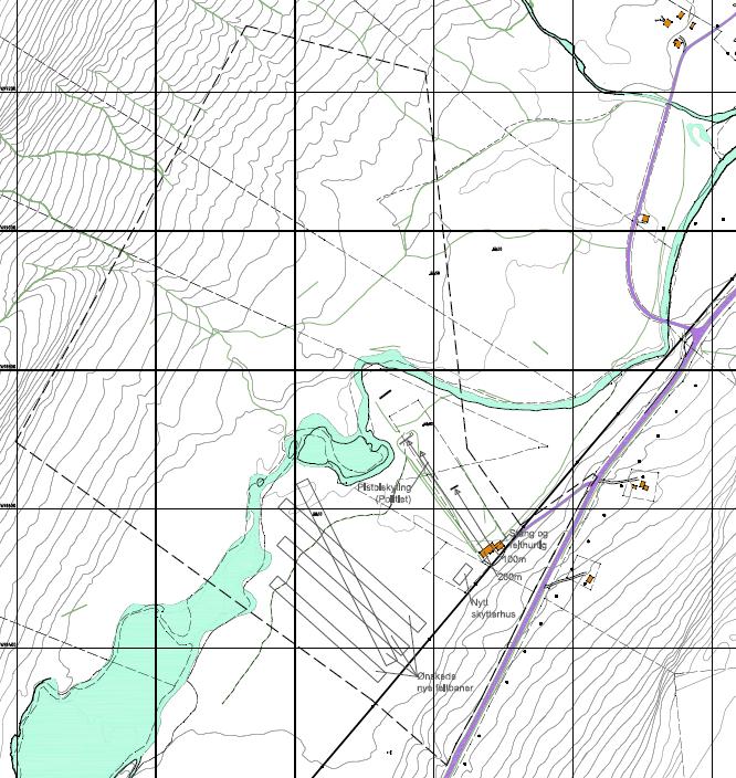 3.3 Reguleringsplan På kartutsnittet nedenfor er det vist eksisterende skytebaneanlegg, det nye skytterhuset og ønskede nye feltbaner. Forventet reguleringsgrense er markert med stiplet strek.