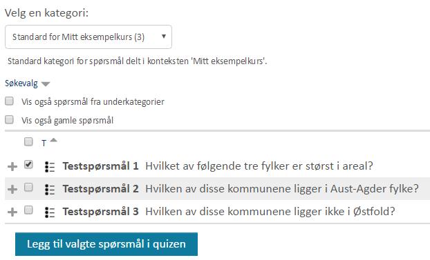 10 testbank med tre spørsmål ved å klikke på Spørsmål og legge til tre spørsmål.