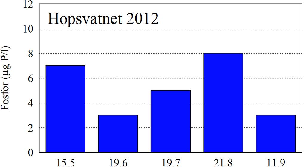 VIRKNING AV TILFØRSLER AV NÆRINGSSTOFFER Hopsvatnet hadde i 2012 en gjennomsnittskonsentrasjon av fosfor og nitrogen på henholdsvis 5,2µg/l og 384 µg/l (vedleggstabell 1) (figur 6).