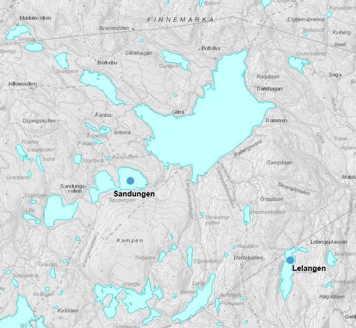 Figur 1: Kart med plassering av det to innsjøene i Finnemarka: og. Kartkilde: NVE atlas (http://atlas.nve.no/) Tabell 1: Innsjøene som er med i undersøkelsen.