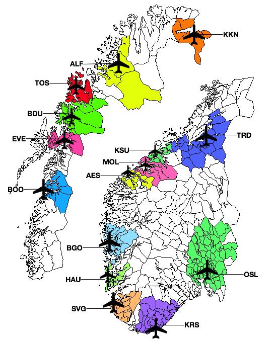 45 Figur 5.1: Flyplasser med tilhørende kommuner 5.4.3 Ruter Basert på ruteinformasjon fra SAS og Norwegian 8, har vi identifisert 23 direkteruter mellom flyplassene nevnt over.