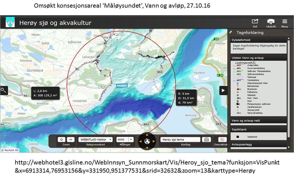 TANGO Seaweed, Søknad Akvakultur Lokalitet Måløysundet 1267074, Nov. 2016 7 Vann- og avløp Herøy og Ulstein Fig. 3.1. 3.2. Hensyn til smittevern og dyrehelse Det er ett eksisterende akvakulturanlegg innen 5km radius til det omsøkte arealet på Måløysundet, t.