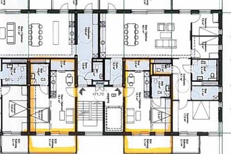 Fig.1. Viser typisk etasjeplan. Planløsning som gjelder ensidig leilighet og uteplass er omringet med gul strek.