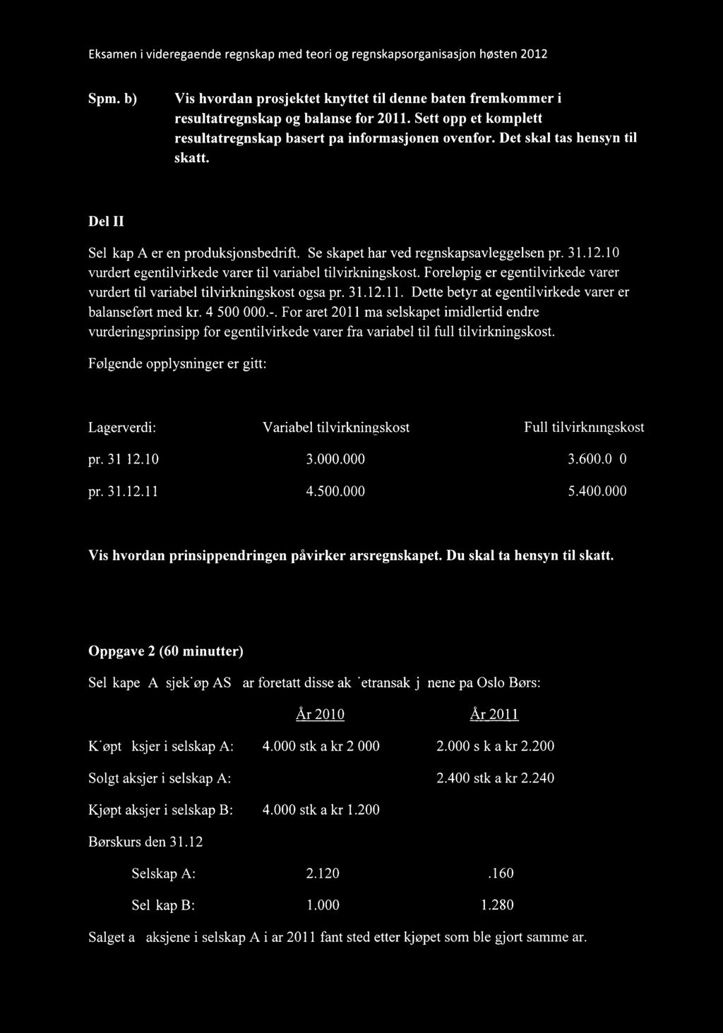 Spm. b) Vis hvordan prosjektet knyttet til denne båten fremkommer i resultatregnskap og balanse for 2011. Sett opp et komplett resultatregnskap basert på informasjonen ovenfor.