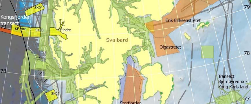 SK=sokkelkant (også kalt fiskeribokser), KF = Kongsfjorden, RF = Rijpfjorden. Områdene øst for Hinlopen dvs.