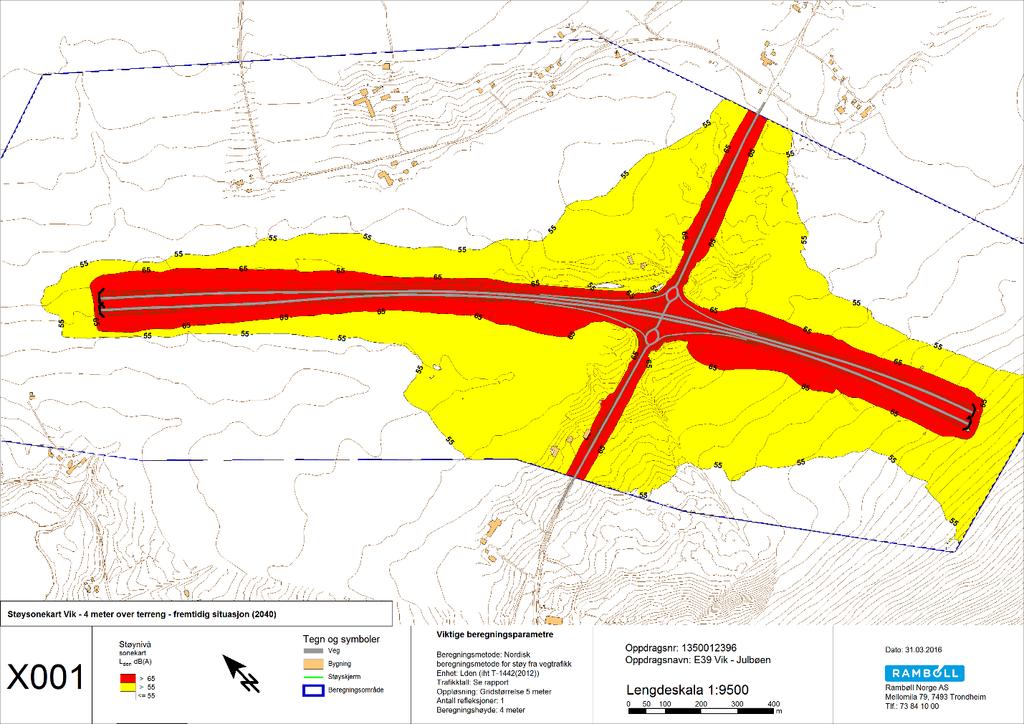 STØY 11 (13) 5.2 Støysonekart Vik Figur 5 viser støysonekart med beregningshøyde 4 meter over terreng for Vik (delkart B). Den nærmeste bebyggelsen til ny veg ligger ved gnr/bnr 48/30 og 58/4.