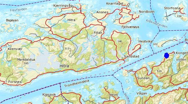 Figur 11 Trondheimsleden mellom Hitra og fastlandet, Bystingen markert i blått Forurensning av sjø: Planforslaget legger opp til flere båter i småbåthavna.