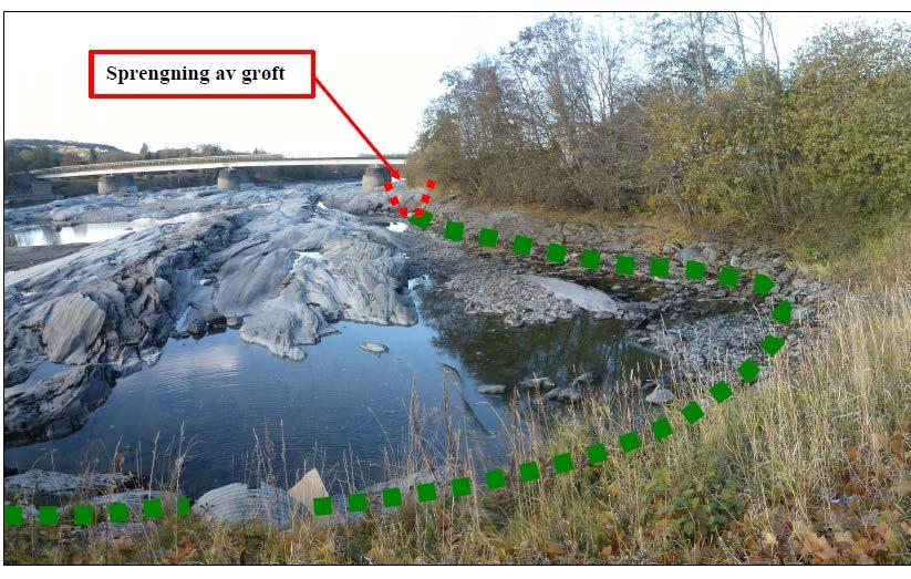 fører utløpet på nedstrøms side, ca. på kote 15. Kulverten og en samleledning for kommunens overvannsledninger vil ledes i samme trasé i en felles grøft både langs elvebredden og gjennom fossen.