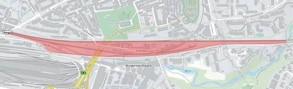 Figur 1 Det rødskraverte området på kartutsnittet viser prosjektets geografiske avgrensing l sluttrapporten (1) beskrives tiltak 21 og 22 inne på Oslo S.