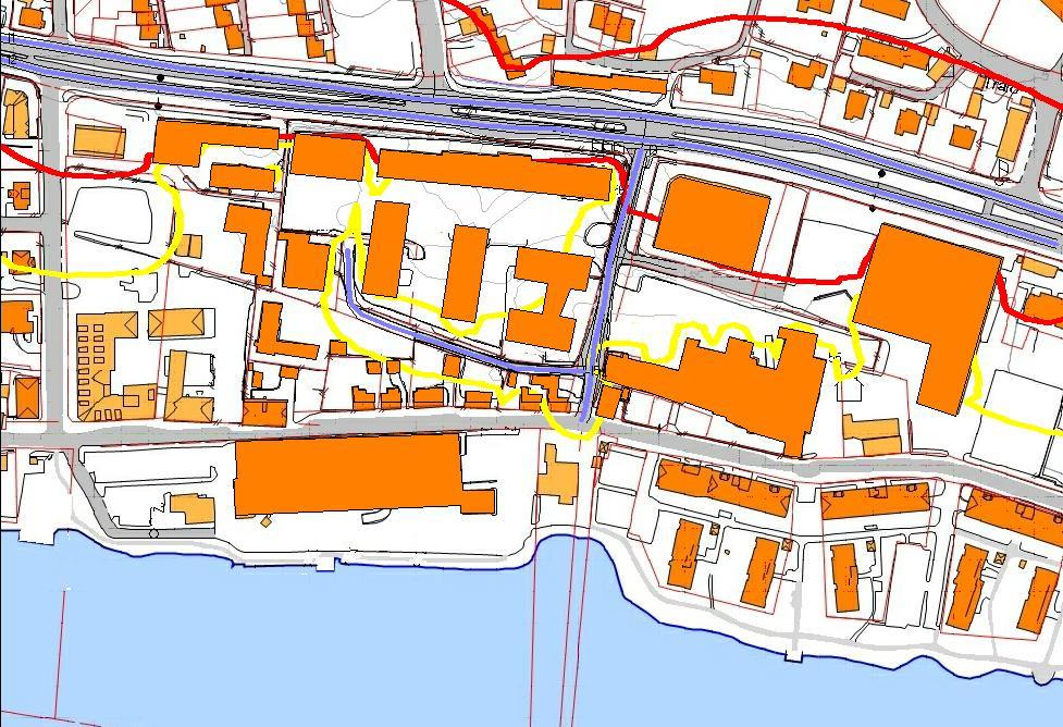 Fig. 7: Beregning av støykoter for veitrafikk fra både Rosenkrantzgata og Hotvetalleen når det tas hensyn til ny trafikk etter en utbygging. Beregningshøyde 2 m over mark. Frittfeltsverdier.