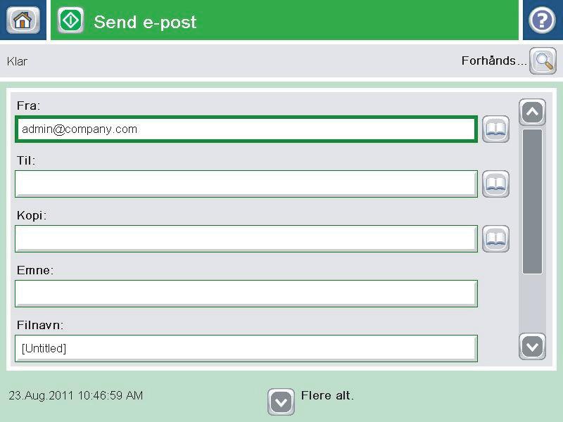 har skrevet inn hver adresse. 5. Bruk tastaturet på berøringsskjermen til å fylle ut feltene Kopi:, Emne: og Filnavn:.