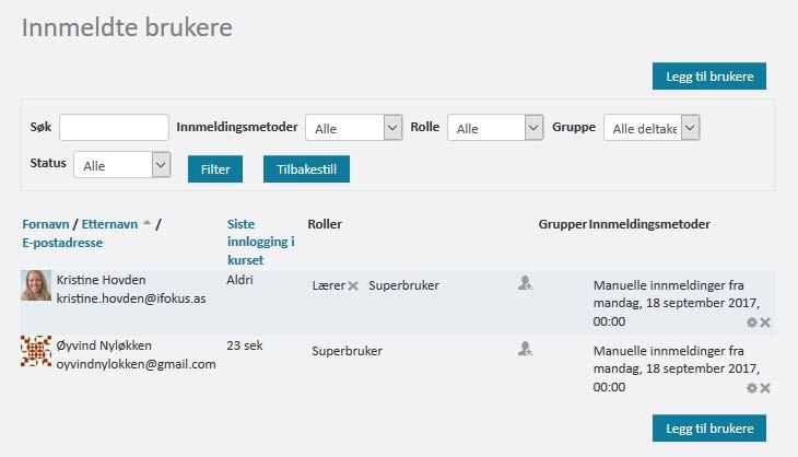 Administrere brukere I venstremenyen, velg Deltagerliste for å få opp en enkel liste over deltagere, samt detaljer for kurset. Denne kan enkelt eksporteres til Excel.