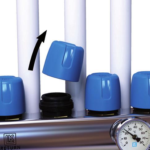 Løft av den blå hetten og juster ventilen for hånd (verktøy, f.eks. polygrip, må ikke brukes). Justeringsverdien for hver kurs framgår av utskriften fra LK Beregningsprogram.