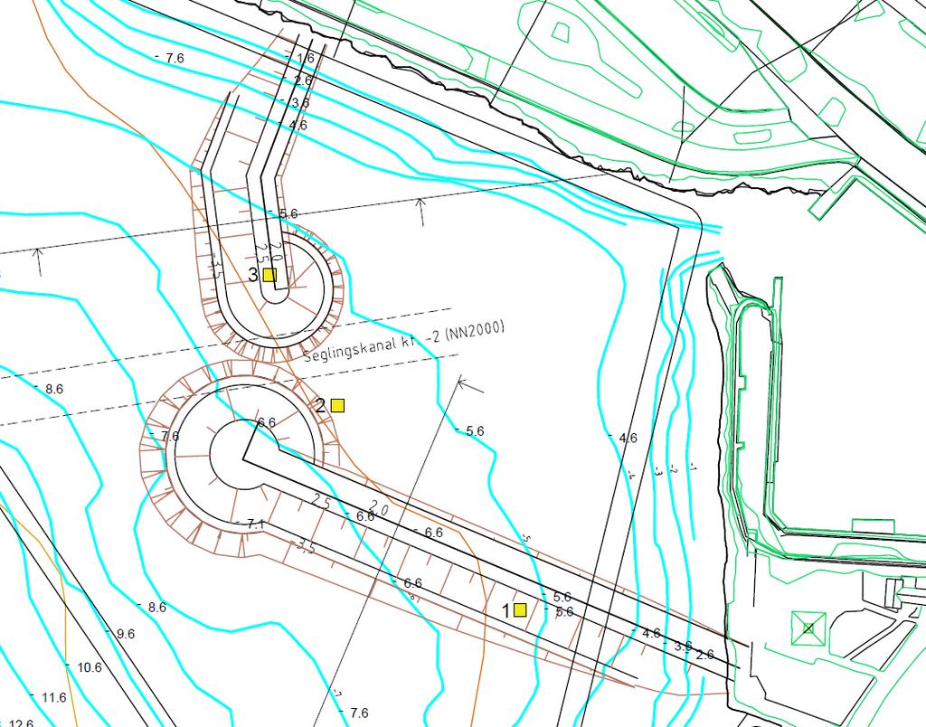 Side 9 Figur 5. Utsnitt av tegning 2, forurensningskart, som viser de tre stasjonene, fargelagt iht. Miljødirektoratets tilstandsklasser for forurenset sediment, jf. Tabell 2.