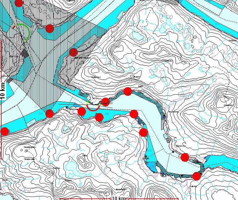 fiskerie og verneområder, stiplede linjer er farleder.