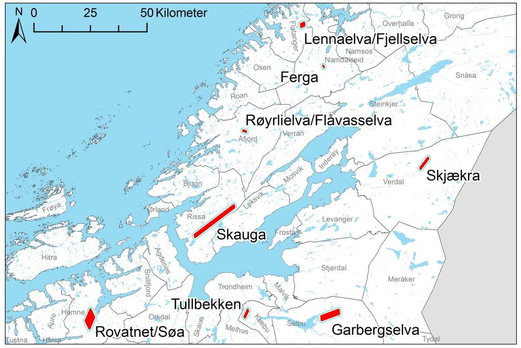 2 Metoder Totalt ble det gjort kartlegging i deler av åtte vassdrag i Trøndelag i perioden juni-september 2014 (figur 1).