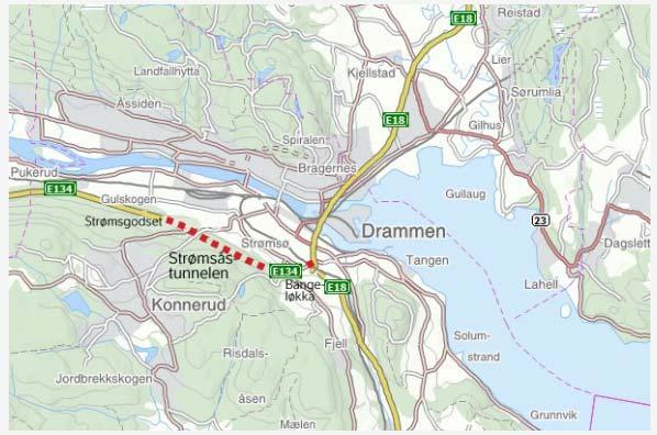 1 Innledning 1 Innledning E134 Strømsåstunnelen går fra Bangeløkka i øst til Bjørkelia i vest og har ett løp med tovegs trafikk.
