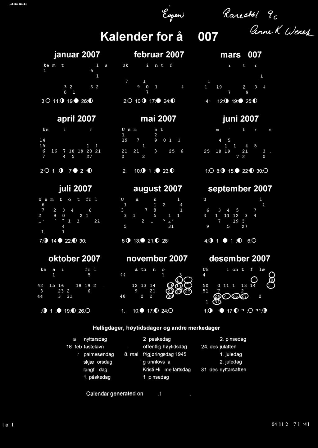 4,24t) Kalender for år 2007 2.