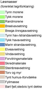 hav-/strandavsetning» (lys grå) på den midtre delen av området og «Tykk havavsetning»