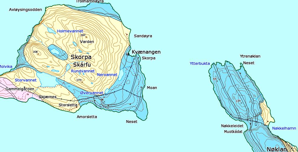 Figur 40. Lokalitetene på Skorpa og Nøklan. Det blå er dolomitt og det gule er meta-arkose (granittlignende bergart). Fra www.ngu.no. 28.