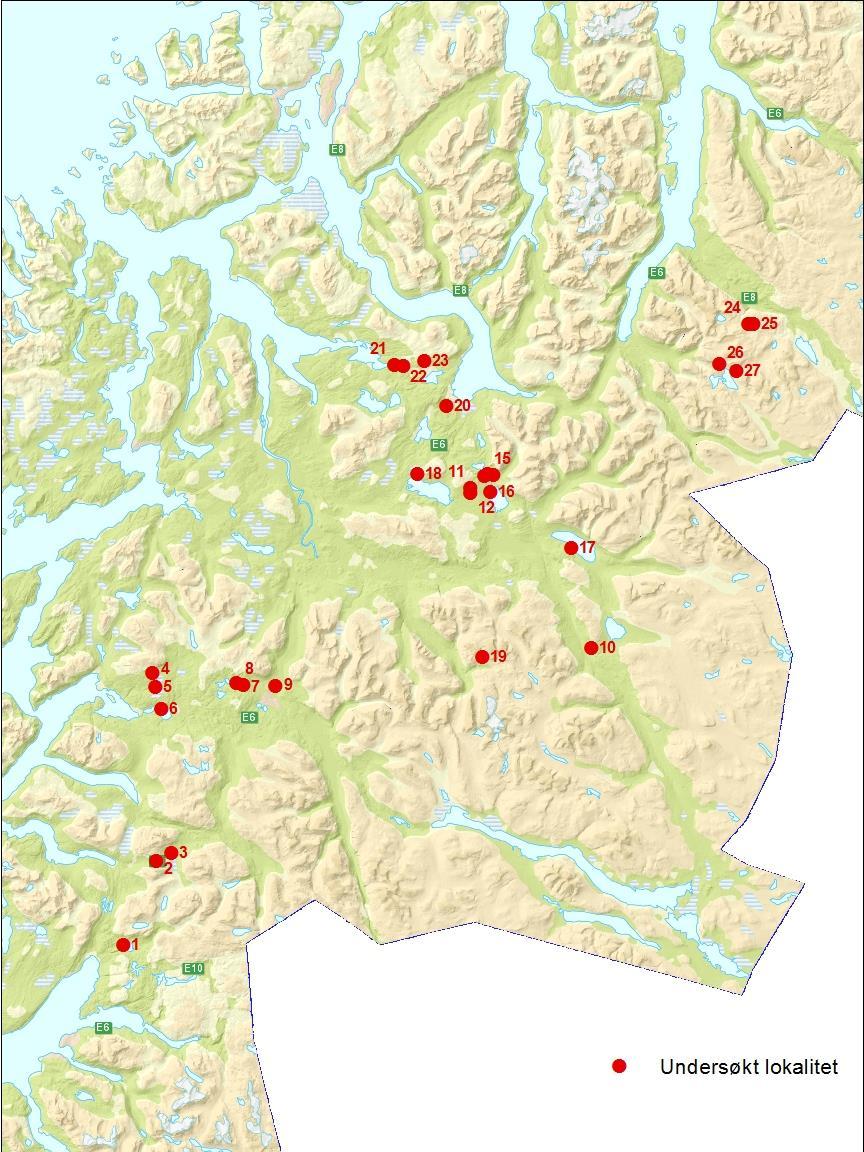 1. INNLEDNING I denne inventeringen har jeg undersøkt et utvalg tjern og innsjøer som ligger på strekningen fra Hartvikvatnet i Nordland, gjennom Troms og til Alta i Finnmark (figur 1 og 2).