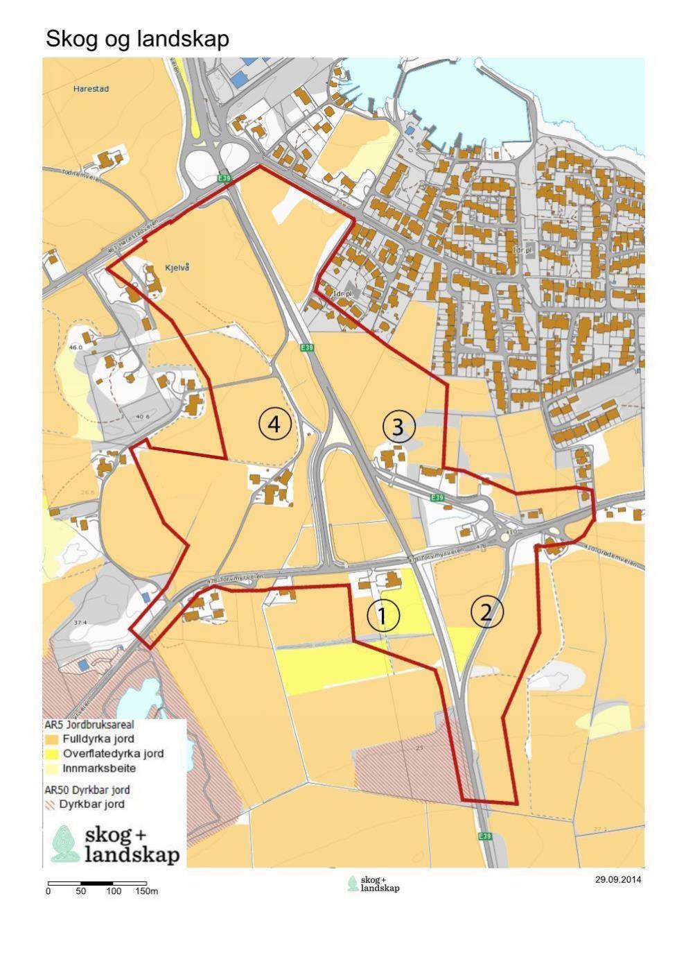 E39 HARESTADKRYSSET 3/7 Figur 1 Markslagskart fra Skog og landskap. Planområdet er vist med rød strek, og er delt opp i 4 kvadranter for vurdering av jordbruksareal.