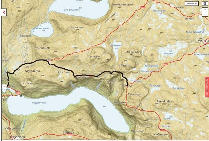 Side 27 Utbyggingsområdet Figur 5 Kartutsnitt fra ut.no, som viser turen fra Skjeggedal til Trolltunga. Utbyggingsområdet er avmerket. Tyssevassbu i høyre billedkant.