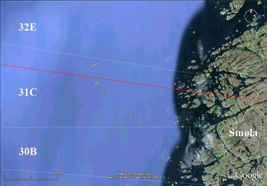 Figur 9. Høstefeltene 30B, 31C og 32E vest av Smøla i Møre og Romsdal. Feltgrensene er markert av smale, hvite linjer.