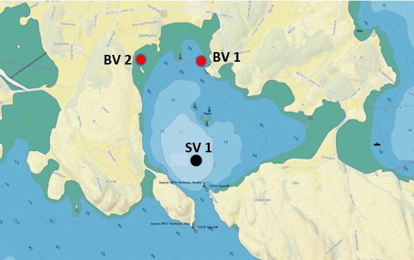 Figur 28. Kart over Vågen i Storfosna hvor posisjon for sedimentstasjonen SV1 er markert med sort punkt (SV 1), mens de to røde punktene (BV 1 og BV 2) markerer stasjoner for innsamling av blåskjell.