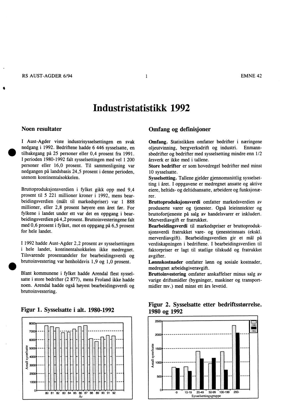 RS AUST-AGDER 6/94 1 EMNE 42 Industristatistikk 1992 Noen resultater I Aust-Agder viste industrisysselsettingen en svak nedgang i 1992.
