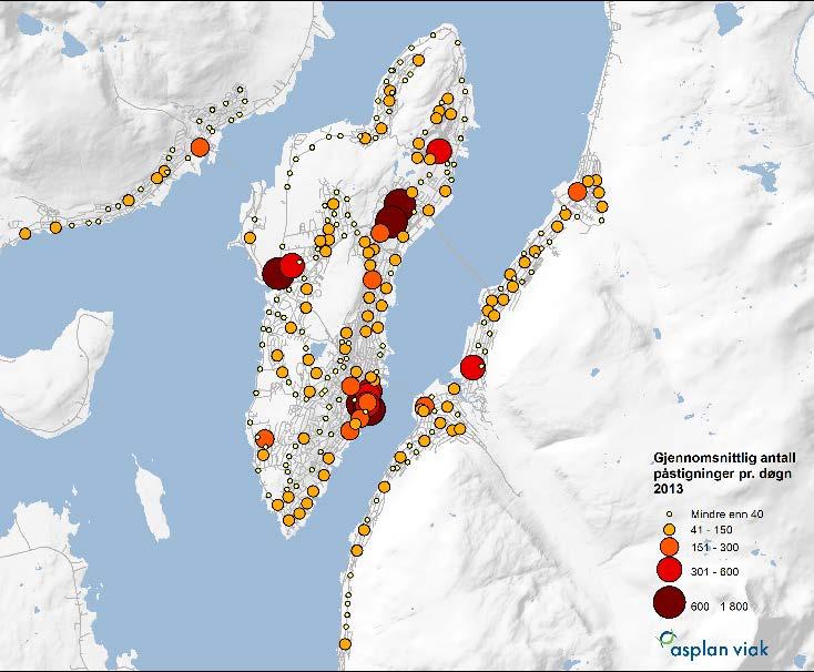Eksempel fra kollektivstrategi Tromsø Svært tett holdeplass-struktur