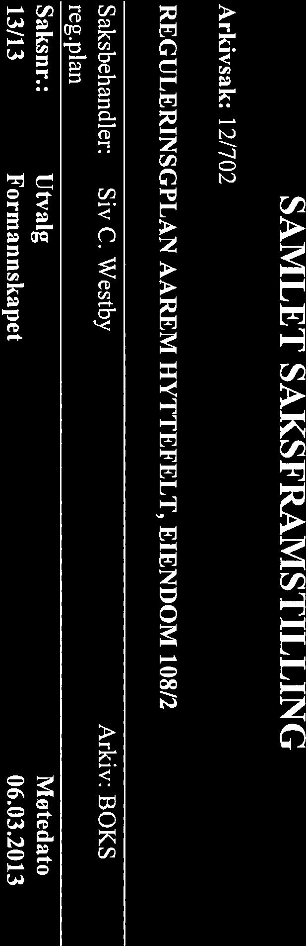 Side i av 5 SAMLET SAKSFRAMSTILLING Arkivsak: 12/702 REGULERINSGPLAN AAREM HYTTEFELT, EIENDOM 108/2
