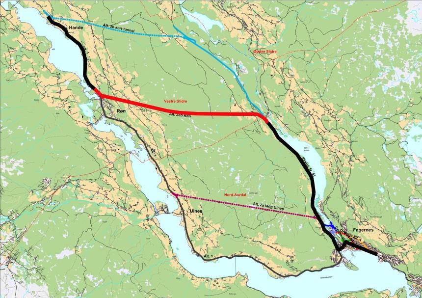 Figur 41 Alternativ 2AB etappevis utbygging - fase1 Alternativ 2B Hande Aktuelle etapper: Fagernes øst til Skrautvålvegen Ny bru over Neselve Fv.