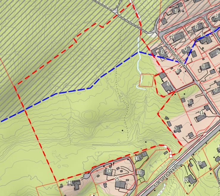 Figur 5 Marin grense (blå linje) gjennom planområdet Områdestabilitet Områdestabilitet omfatter situasjoner hvor et initialt brudd kan utvikle seg progressivt til å involvere et område som er større