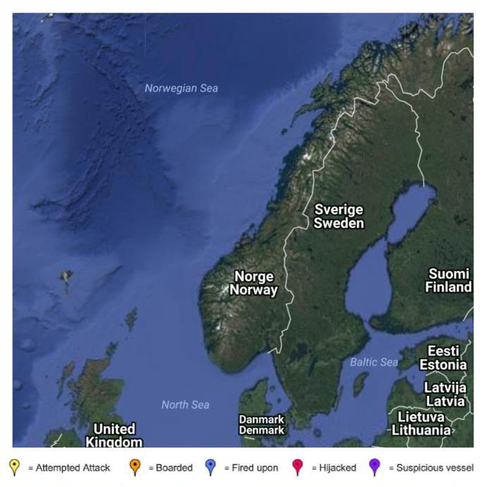 Figur 23: Oversikt over kapringsrelaterte hendelser i Norge og ved nærliggende områder (ICC, 2015) Fartøy kantrer Med bakgrunn i størrelsen av og innholdet på SubseaPartners fartøy anses kantring som