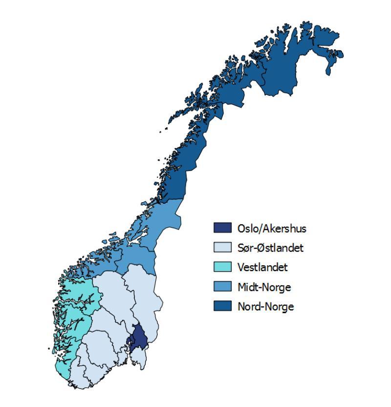 Regionar: Kartet viser fylka i Noreg delt inn i 5 regioner. Regionane er brukt som eit utgangspunkt for å analysere netto flyttestraumar mellom Møre og Romsdal fylke om andre regionar i Noreg.