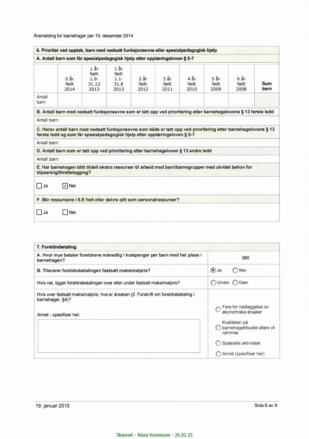 Årsmeldngfor barnehager per 15. desember 2014 6. Prortet ved opptak, barn med nedsatt funksonsevne hjelp A.