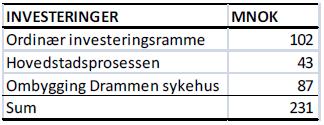 Investeringsbudsjettet er delt i tre hovedkategorier (styresak 079/): Av de 231,0 MNOK, skal 5,0 MNOK benyttes til lokale IKT-investeringer som foretas av Sykehuspartner.