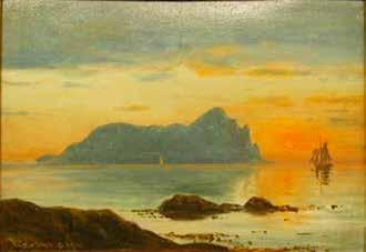 1908 Fiskebåter i solnedgang 30 x 41 cm 173 Olje på plate, signert med initialer og datert nede til venstre. (Johan Albert Mohns auksjon 16. juni 2004 kl.