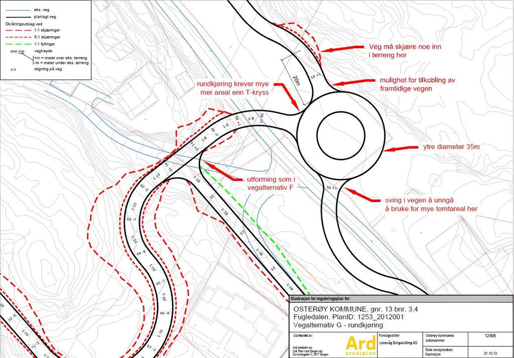 Alternativ g) Rundkøyring I traséalternativ g) er tilkomst til planområdet regulert slik kommuneplanens arealdel legg opp til.