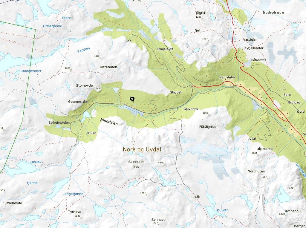 4. Beskrivelse av planområdet, eksisterende forhold 4.1 Områdeavgrensning og lokalisering Planområdet ligger på ca. 670 moh. i nærheten av Uvdal alpinsenter i Nore og Uvdal kommune.