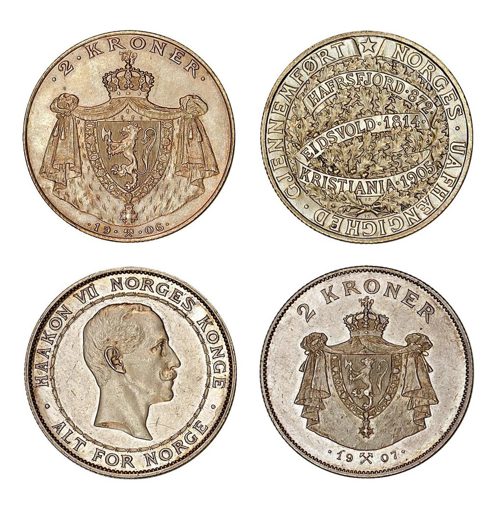 2-kroner 1906 slik den opprinnelig var tenkt, og myntgravør Ivar Throndsens forslag til 2-kroner sirkulasjonsmynt. Katalogens nr. 5 og 6.