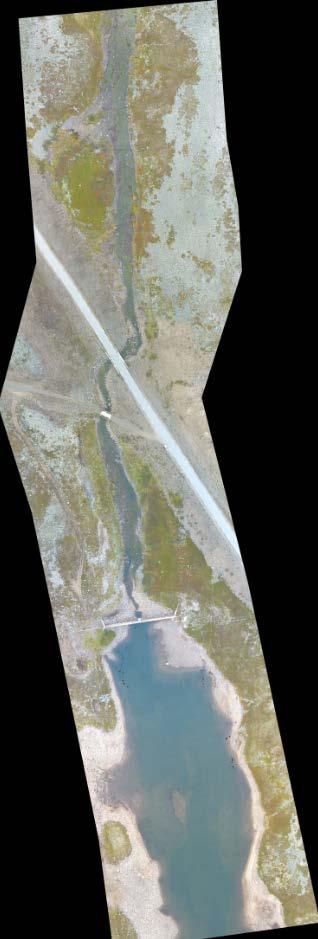 Bildet til venstre og i midten viser strekninger med de viktigste gyteområdene, mens bildet til høyre viser forholdene opp ved utløpet av Geatnajávri og dammen. 4.
