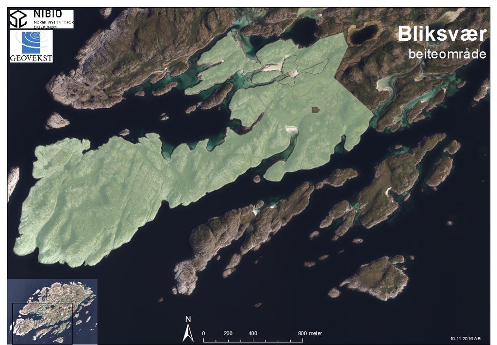 1 Beiteområde sørvest på Bliksvær naturgrunnlag og dagens drift 1.1 Kort områdebeskrivelse av beiteområde på Bliksvær Bliksvær ligger ca. 15 km vest for Bodø i Bodø kommune.